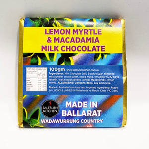 
                  
                    Load image into Gallery viewer, Lemon Myrtle &amp;amp; Macadamia Nut Milk Chocolate 100gm - Saltbush Kitchen
                  
                